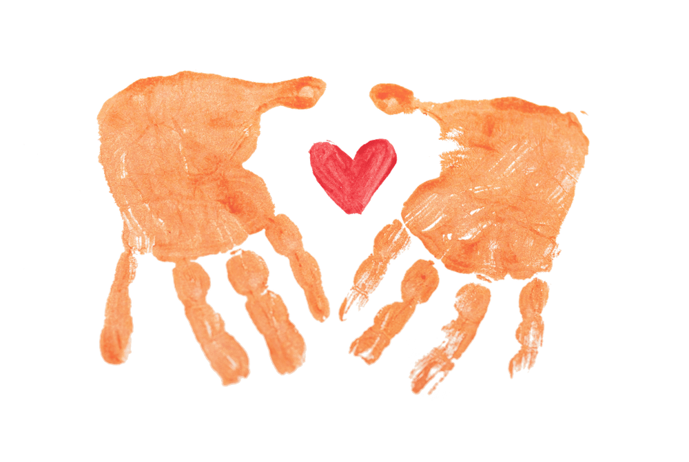 Painting of hand prints with heart in the middle